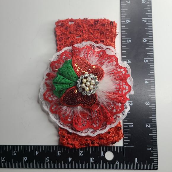 Baby Girl Toddler Christmas Headband Oversize Lace & Rhinestones Bow Red White - Picture 5 of 6